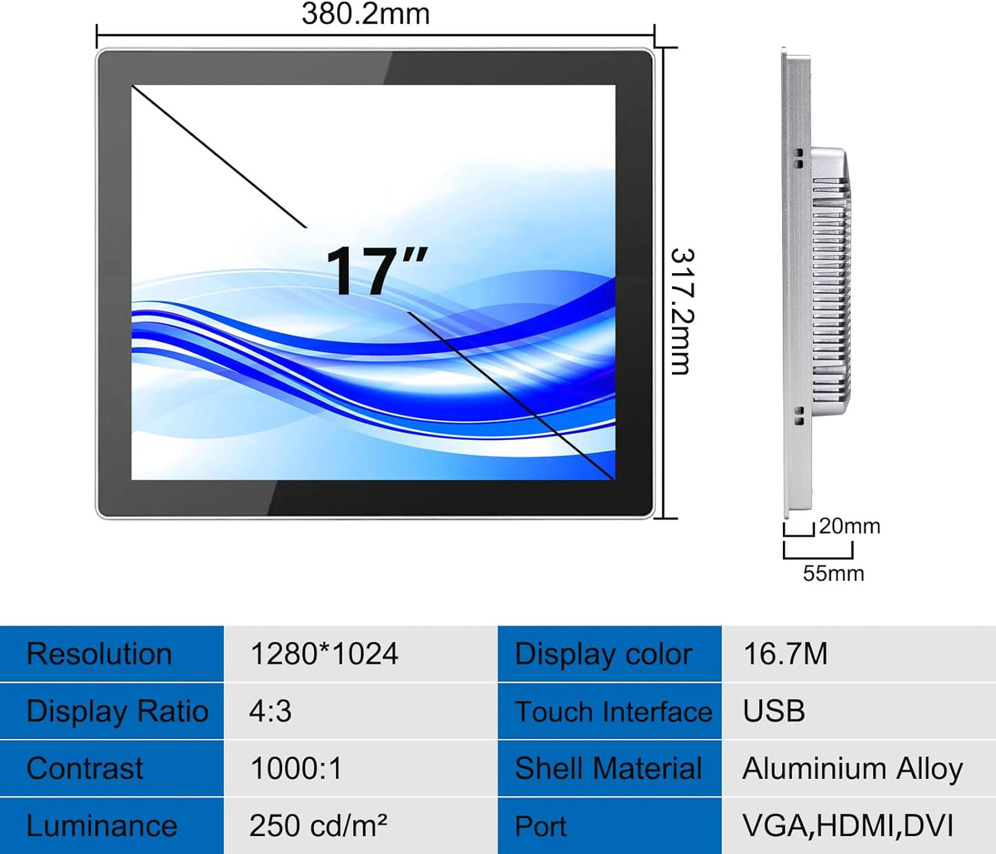 GreenTouch 17 Inch Front IP65 Panel Rugged Metal Case Display Touch Screen Industrial Grade Open Frame LCD Monitor - 1280x1024