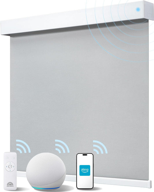 Smart Roller Shades for Windows, Alexa Blackout Motorized Blinds with Remote Control, Easy Install Automatic Electric Blinds for Indoor (21" W x 72" H, Gray Fabric & White Shell)
