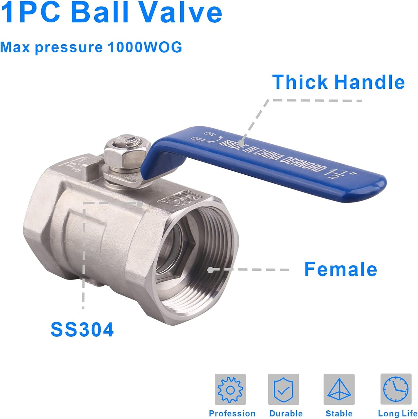 DERNORD Stainless Steel Ball Valve 1PC Type NPT Standard Port for Water, Oil, and Gas (1.5 Inch Ball Valve)
