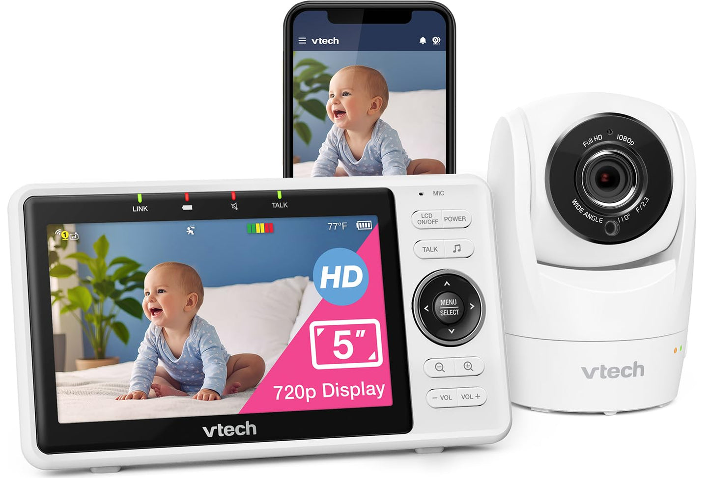 VTech Upgraded Smart WiFi Baby Monitor, 1080p FHD Camera and 5" HD IPS Display, Free App with Motion Video, Sound/Motion Detection and Notifications, Fully Remote Pan-Tilt-Zoom: VM901