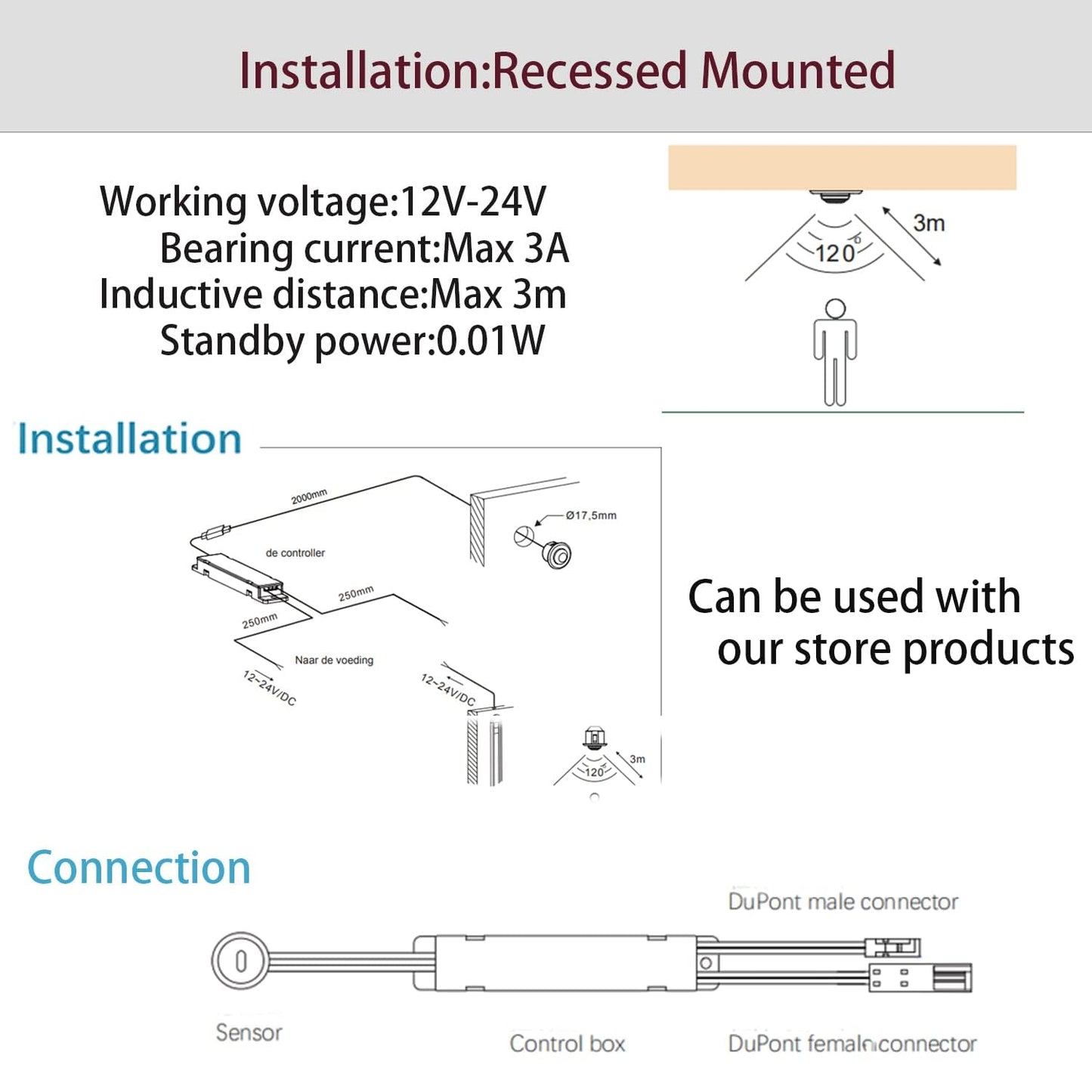 VST Motion Sensor Light Switch, IR Sensor Switch, Led Light Automatic Switch for Closet Light Under Cabinets Counters Wardrobes with 12V JST Male and Female (DC 12/24V 3A)