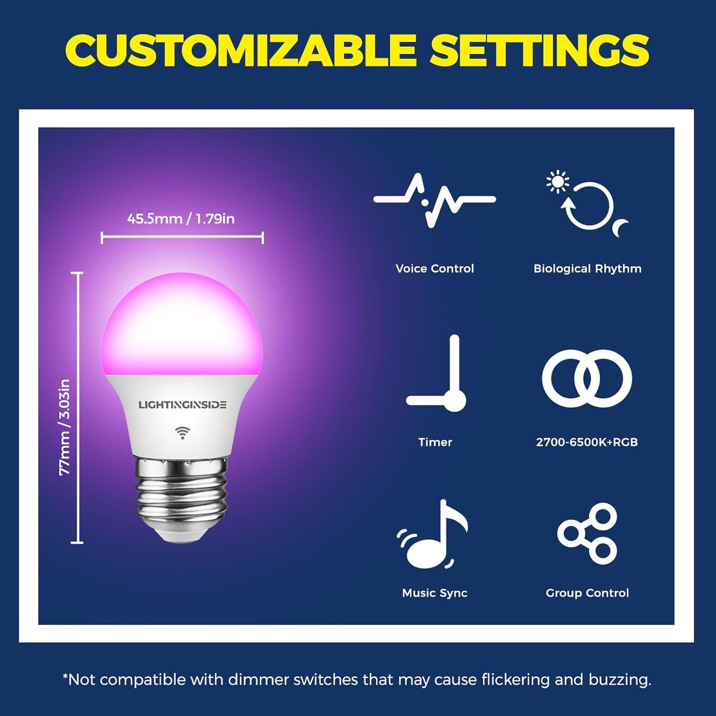 Lightinginside E26 Smart Light Bulbs 50W Equiv., G16.5 A15 RGBCW Small Chandelier Ceiling Fan Smart Bulb Works with Alexa/Google Home/Smart Life, 5W 550LM, 2.4G WiFi Bluetooth Bulb, ETL Listed, 6PCS