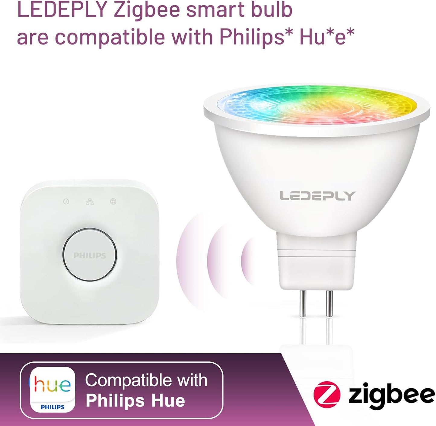 Zigbee MR16 LED Smart Bulb, Hub Required, Compatible with Phi*Lip*s Hu*e*, Alexa, Google, & ConBee, 5W =50W, GU5.3, Dimmable, AC/DC 12V, Color Changing & Tunable White, 2-Pack