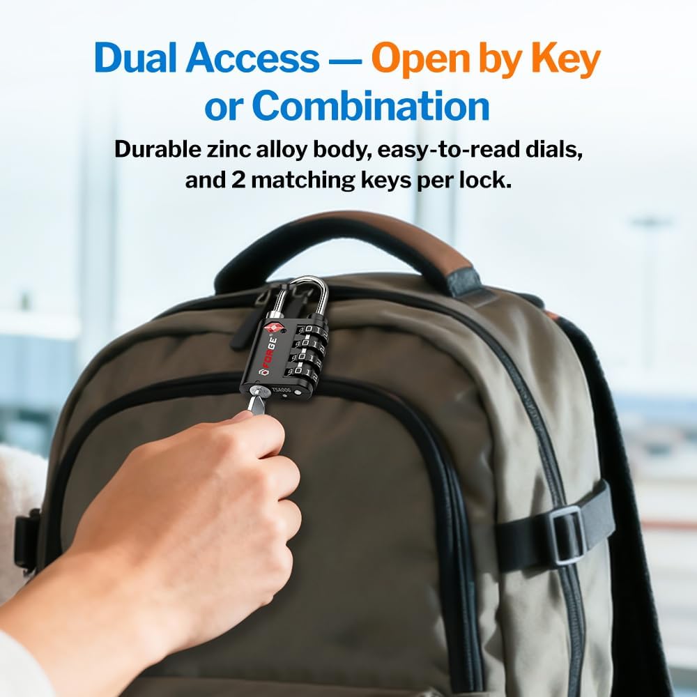 Forge Dual-Opening: Key or Combination Lock, TSA Approved Lock for Luggage, Pelican case, Travel, Gym, School, Luggage Combination Lock, Travel Bag Lock (Black 2 Locks and 2 ID)