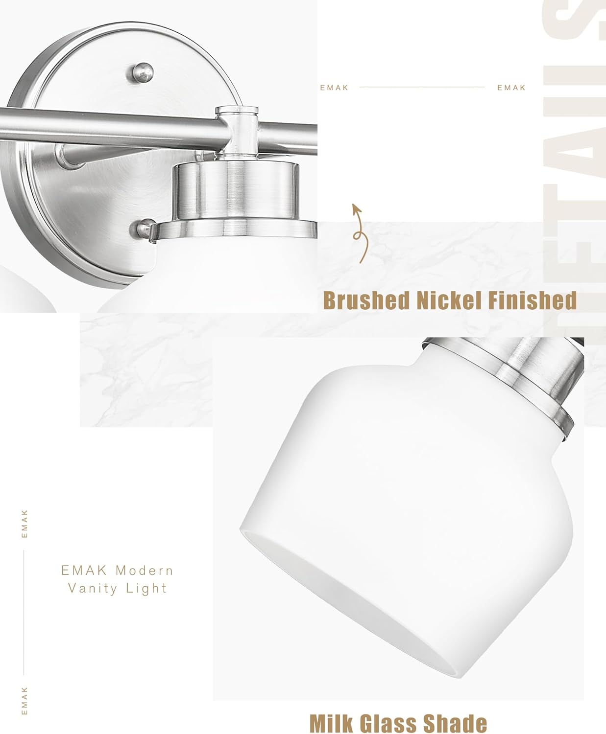 Emak Brushed Nickel Bathroom Light Fixtures, 2-Light Bathroom Vanity Light with Milk Glass Shade, Modern Vanity Lights for Bathroom, Mirror, VL122-BN-ML-2
