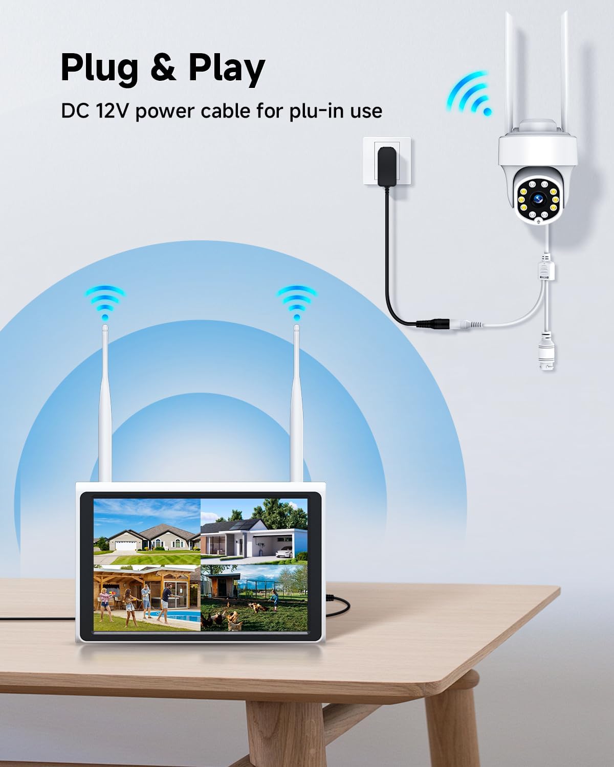 ZHXISND 5MP 10CH Home Security Camera System Outdoor, 5G/2.4G WiFi 4K Surveillance 10" Monitor with 1TB HDD for 24/7 Recording, Auto-Tracking, Color Night Vision, DC Power Plug-in, 0 Monthly Fee