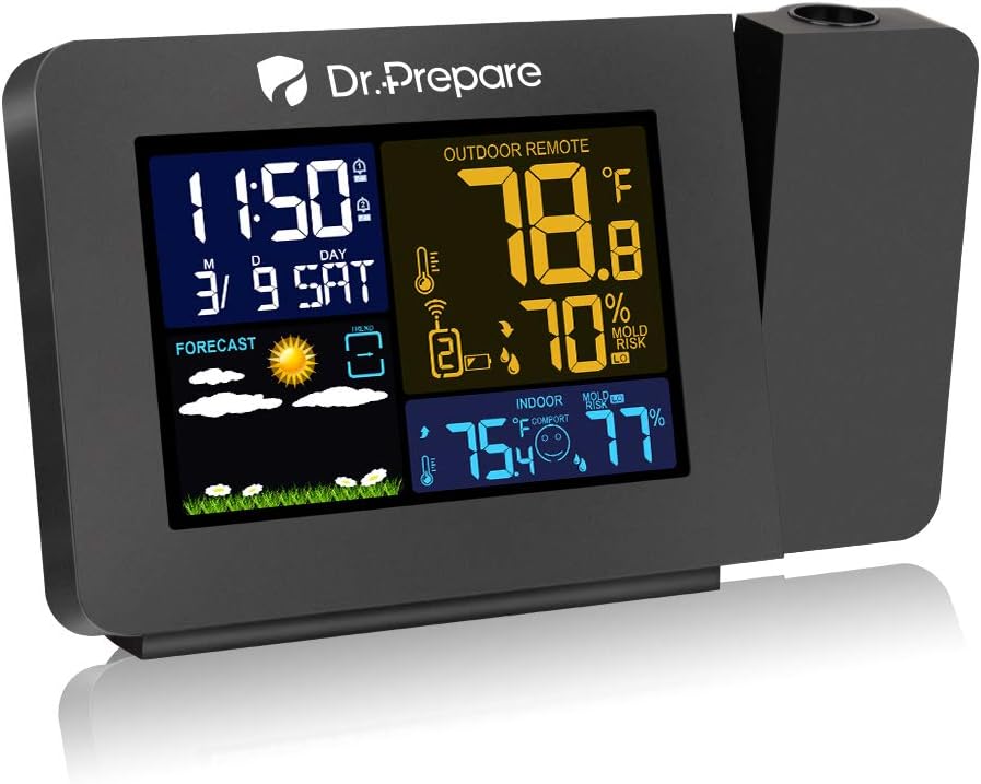 DR.PREPARE Projection Alarm Clock, Indoor Outdoor Temperature Display, Dual Alarms, Snooze, Weather Forecast, Digital Clock Projector for Bedroom