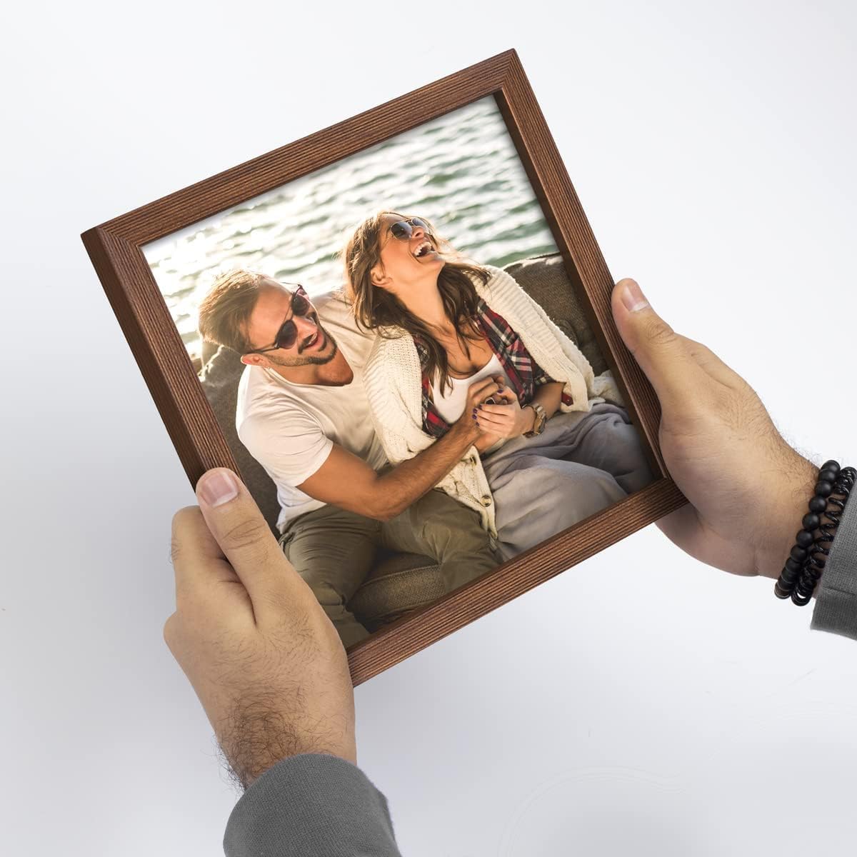 Renditions Gallery Set of 4, 8X10 Custom Photo Prints with Real Wood Picture Frames. Create Personalized Photos with Peel & Stick Photo Frames. Brown Frame