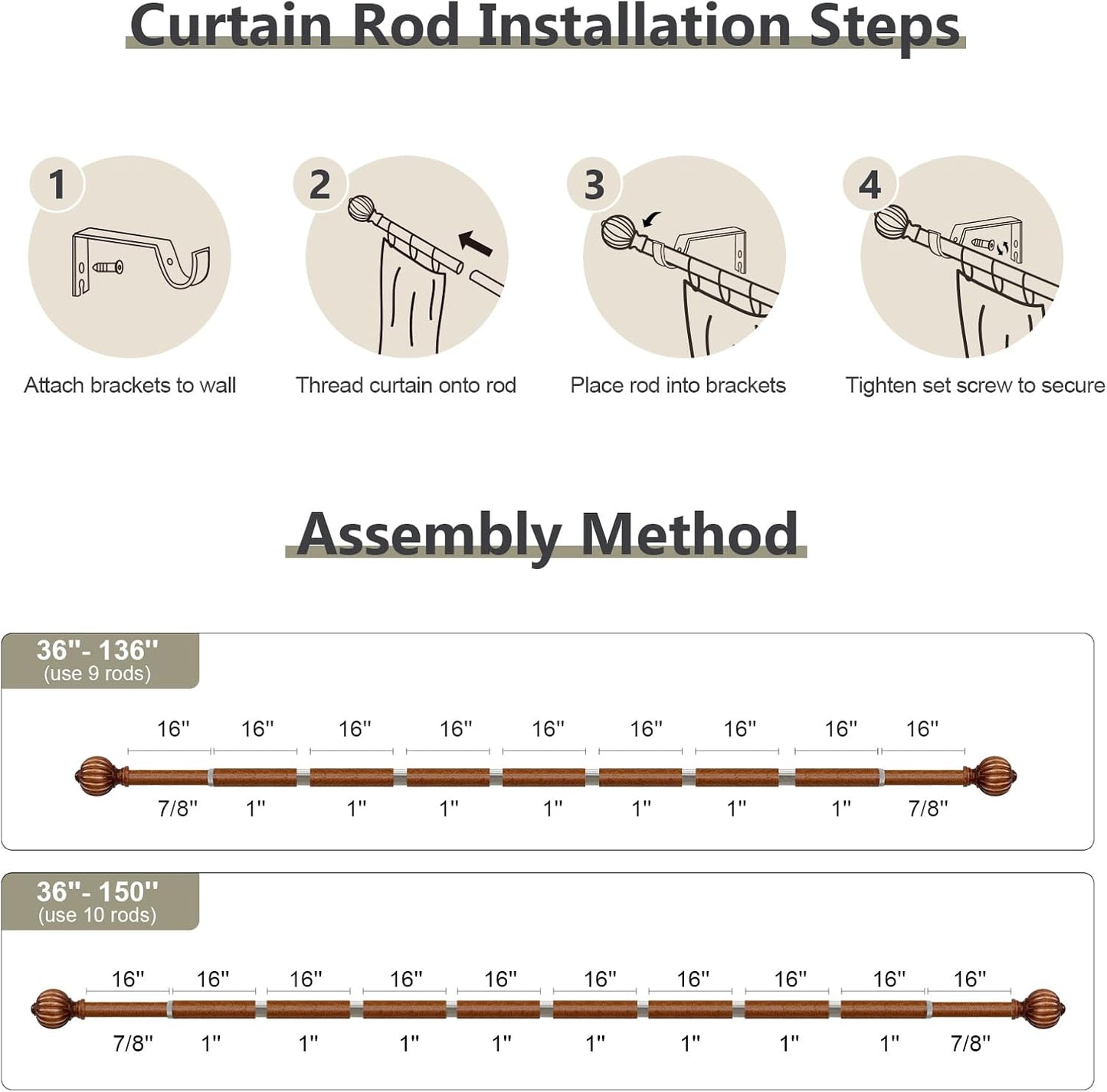 Imitation Wood Curtain Rods for Windows 72 to 144 Inch, 1 Inch Adjustable Heavy Duty Decorative Drapery Rods with Classic Finials, Red Imitation Wood Window Curtain Pole, Size 36-150''