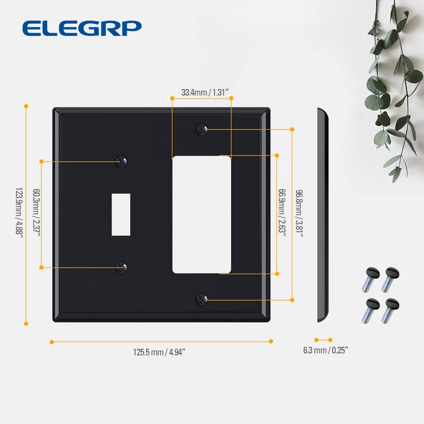 Combination Wall Plate ELEGRP 2-Gang 1-Toggle Light Switch 1-Decorator/GFCI Device Combination Wall Plates, Mid-Size 4.88" x 4.94" Unbreakable Thermoplastic Faceplate Cover, UL (2 Pack, Glossy Black)