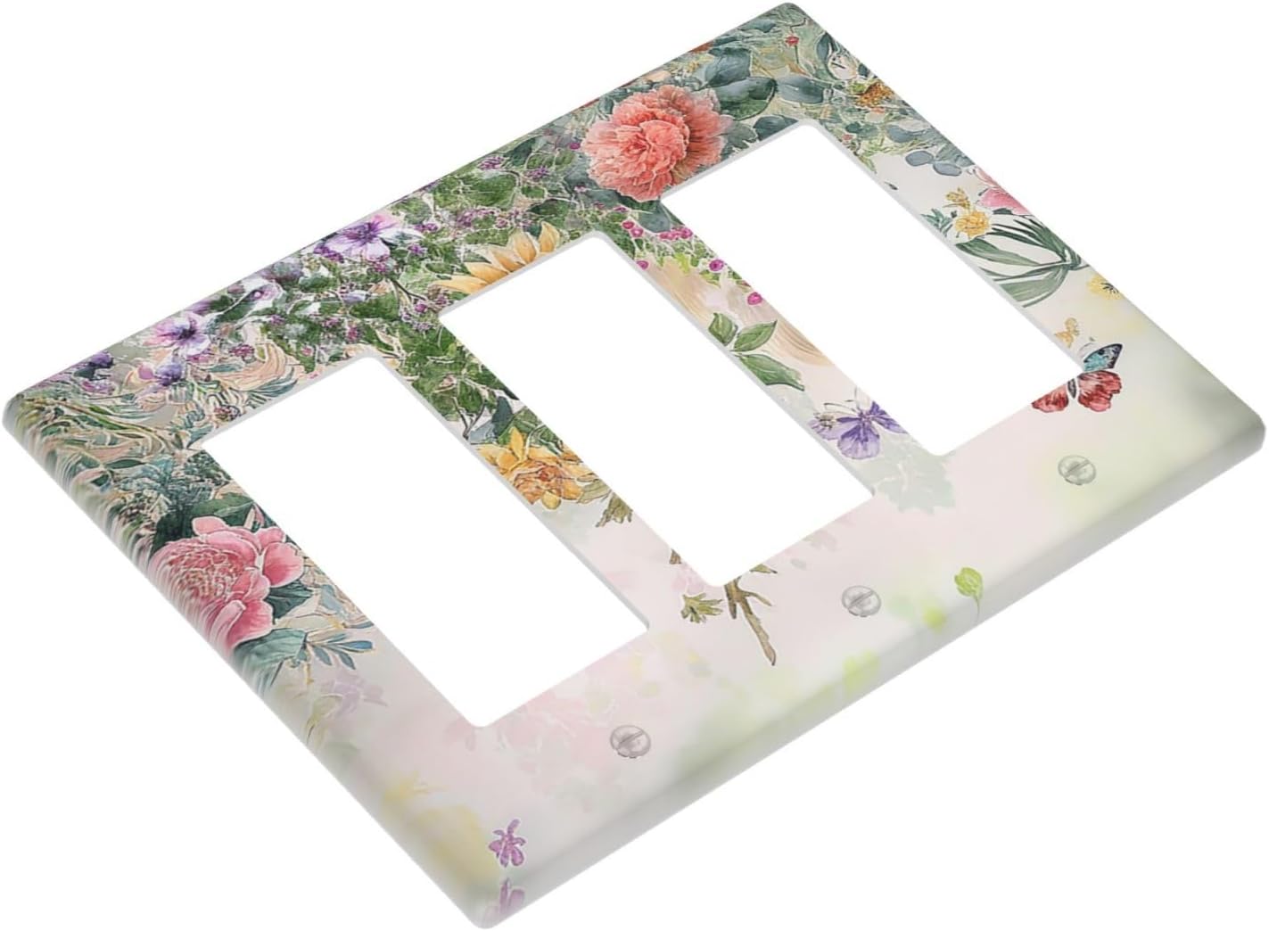 Rustic Floral Watercolor Flower Blossom Butterfly Triple Rocker Light Switch Covers 3 Gang Outlet Cover Wall Plates Decorative Switch Plates Electrical GFCI Faceplate Switchplate 4.49 X 6.38 IN