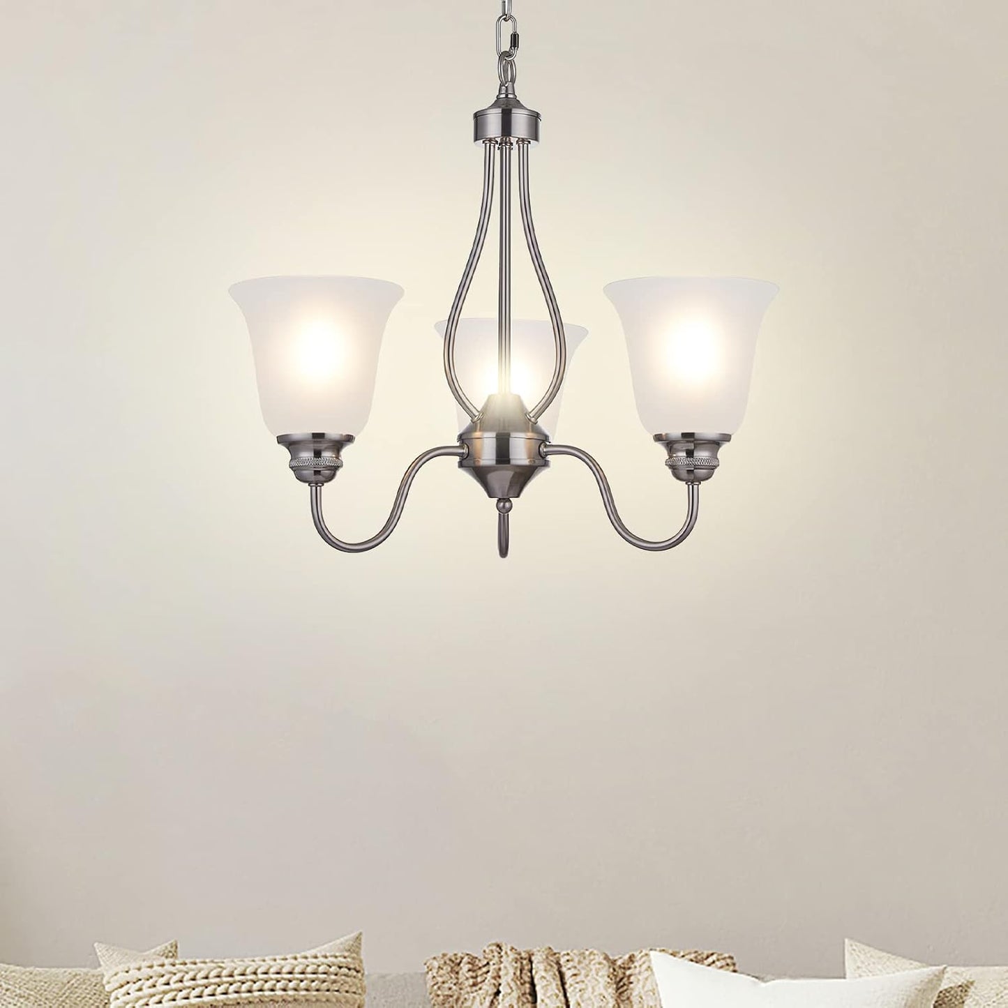 3 Light Chandelier with Brushed Nickel Finish, Classic Style Ceiling Light Fixture with Frosted Glass Shade for Meeting Room Dining Room Living Room Corridor, LED Bulb(not Include)