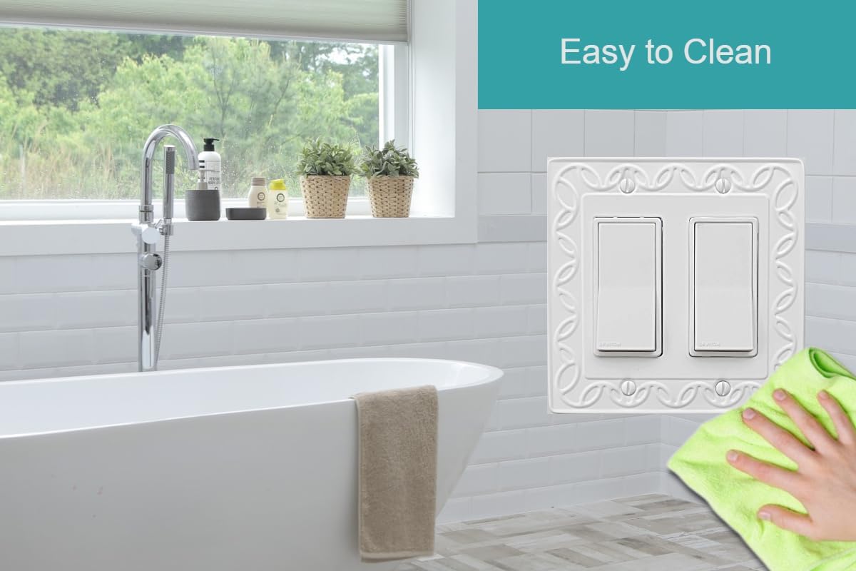 Double Decorator Light Switch Cover NovaBloom Metal Wall Plate, 2-Pack White 2 Gang Double Rocker, for Receptacle Dimmer GFCI Outlet Switch Cover Decorative Wallplate, Durable