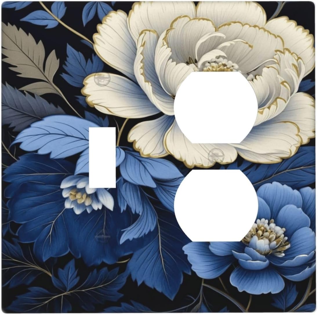 Decorative Outlet Covers Rustic Blue White Flowers Big Floral 2 Gang Wall Plate Single Toggle Duplex Light Switch Cover Switch Plate Covers Faceplate for Bedroom Home Decor