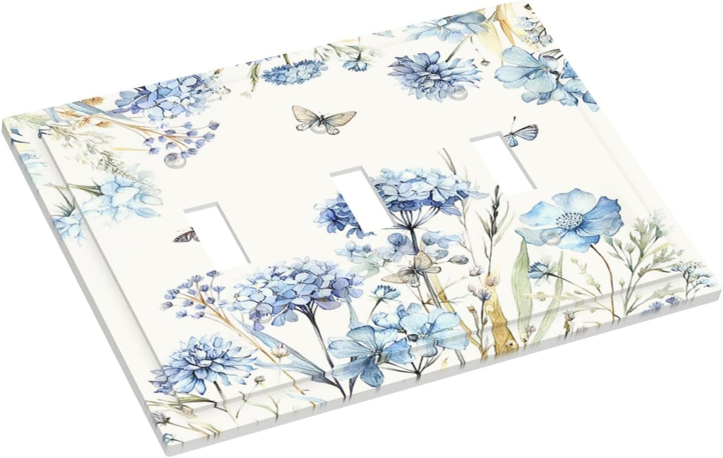 Decorative Switch Plates Blue Floral Hydrangea Plants 3 Gang Wall Plate Faceplate Triple Toggle Light Switch Cover Electrical Wall Panels for Bedroom Home Decor