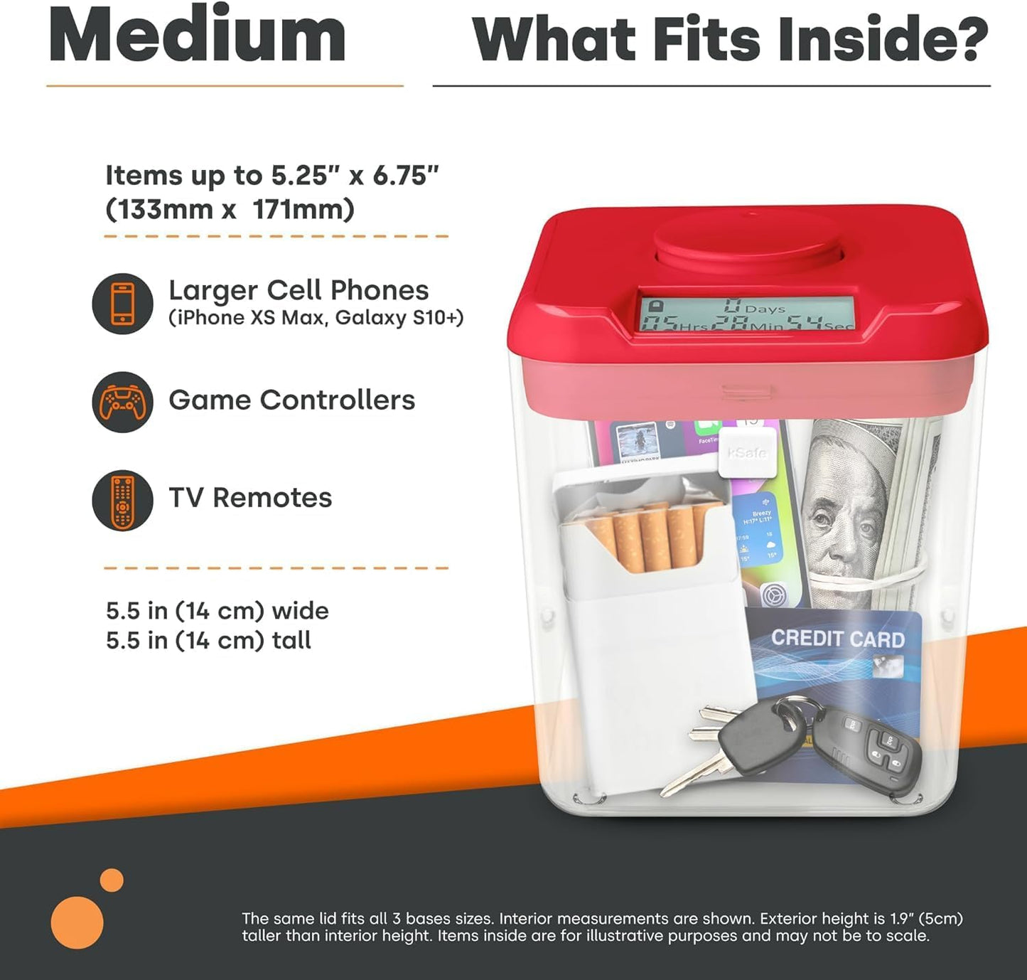 Kitchen Safe Time Locking Container (Medium), Timed Lock Box for Cell Phones, Snacks, and other unwanted temptations (Red Lid + 5.5” Clear Base with Access Port)