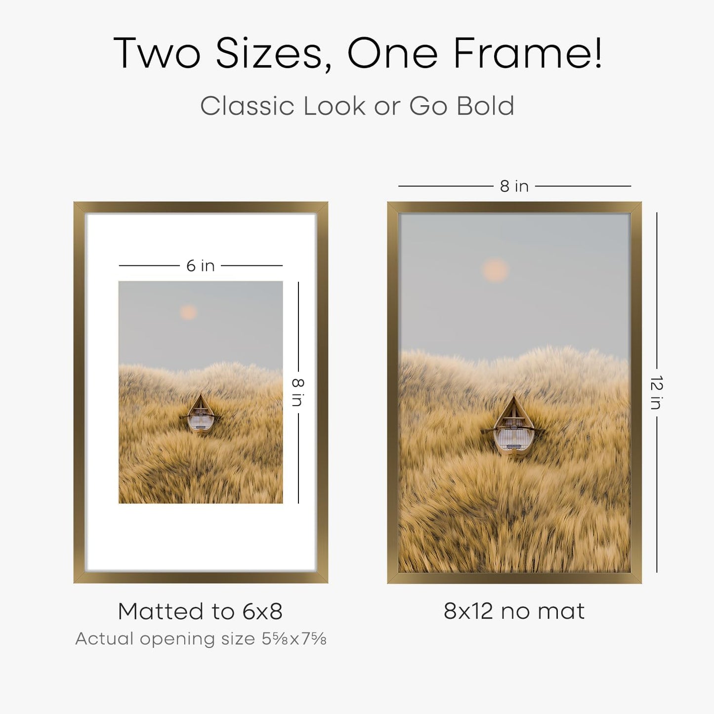 Homeforia 8x12 Picture Frame Bronze, High End Metal 8 x 12 Brass Frames with Mat 6 by 8 for Photo, 12x8 Frame Matted to 6x8 inch Print, 8by12 Wall or Tabletop Frame, Tempered Glass, Wall Kit, Set of 2