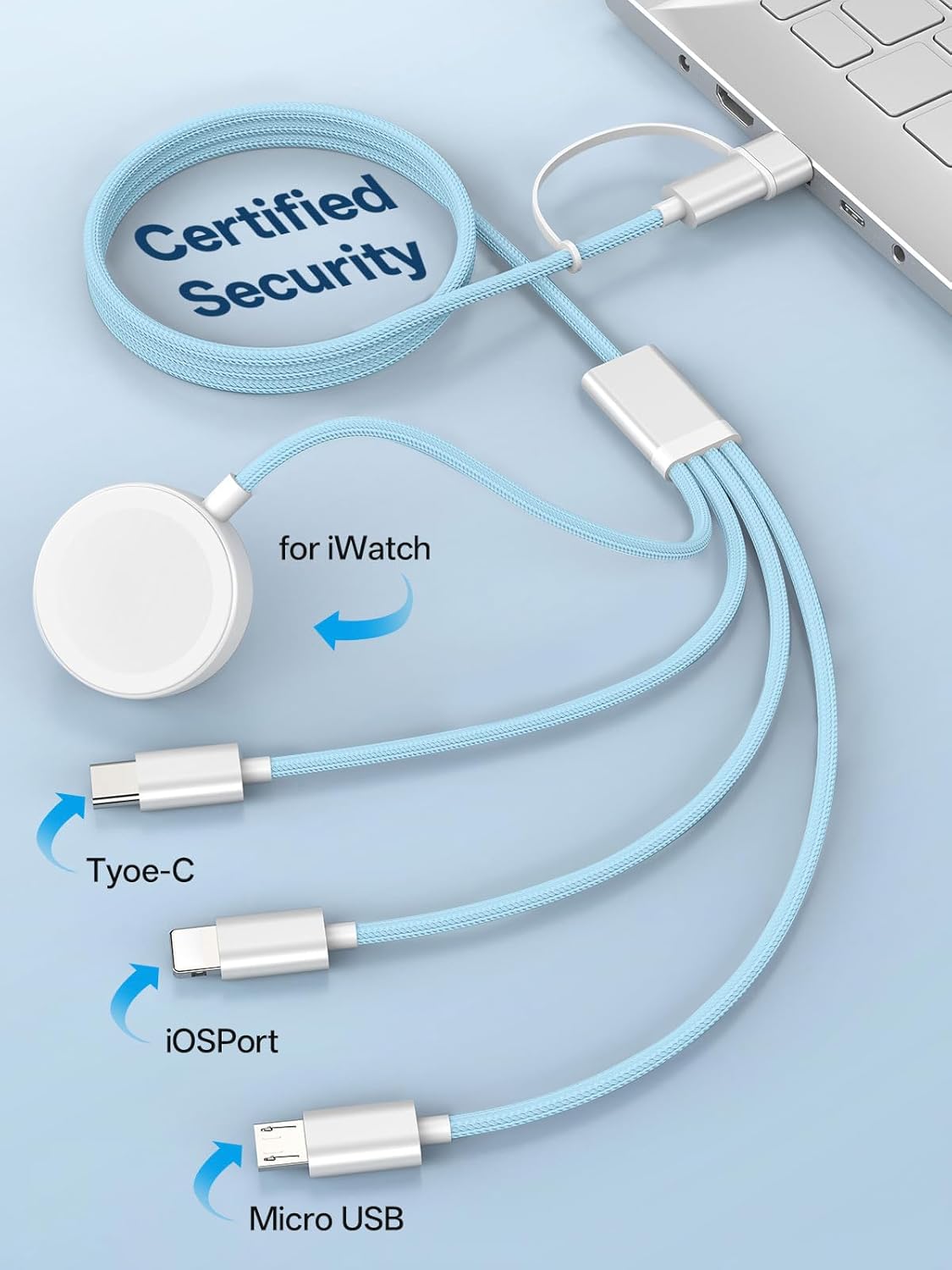 Travel Essentials, 4 in 2 Multi Charging Cable for Apple Watch Charger/iPhone Charger,USB C Cable Cord for iPhone 17-11/iWatch Ultra/10-2/Galaxy S25-S20, Android Phones, Kindle, MP3-Blue,4FT