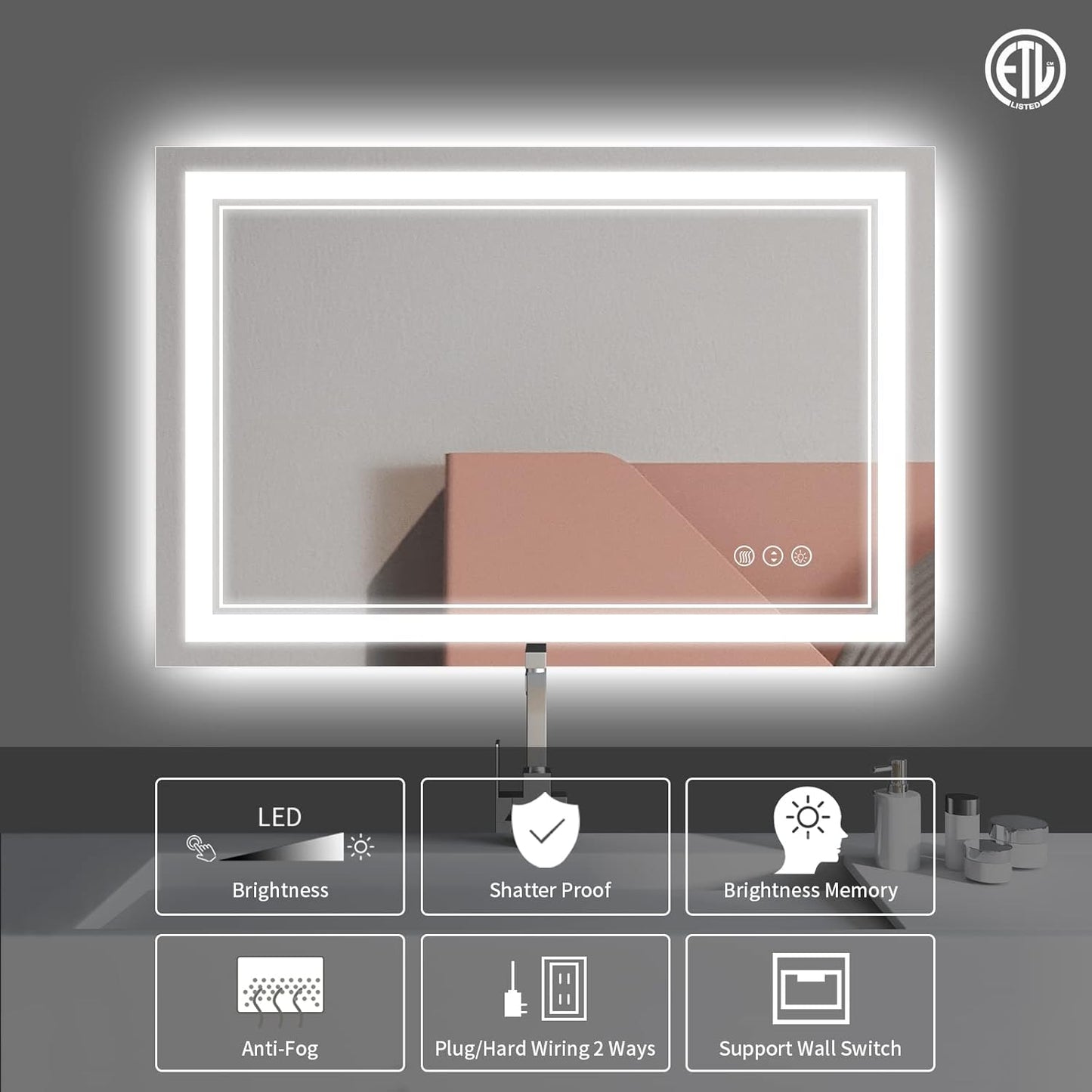 48x28 Inch LED Bathroom Mirror with Lights, Backlit and Front Lighted Bathroom Mirrors for Wall, Anti-Fog Dimmable, Memory, Shatterproof, LED Vanity Mirror for Bathroom