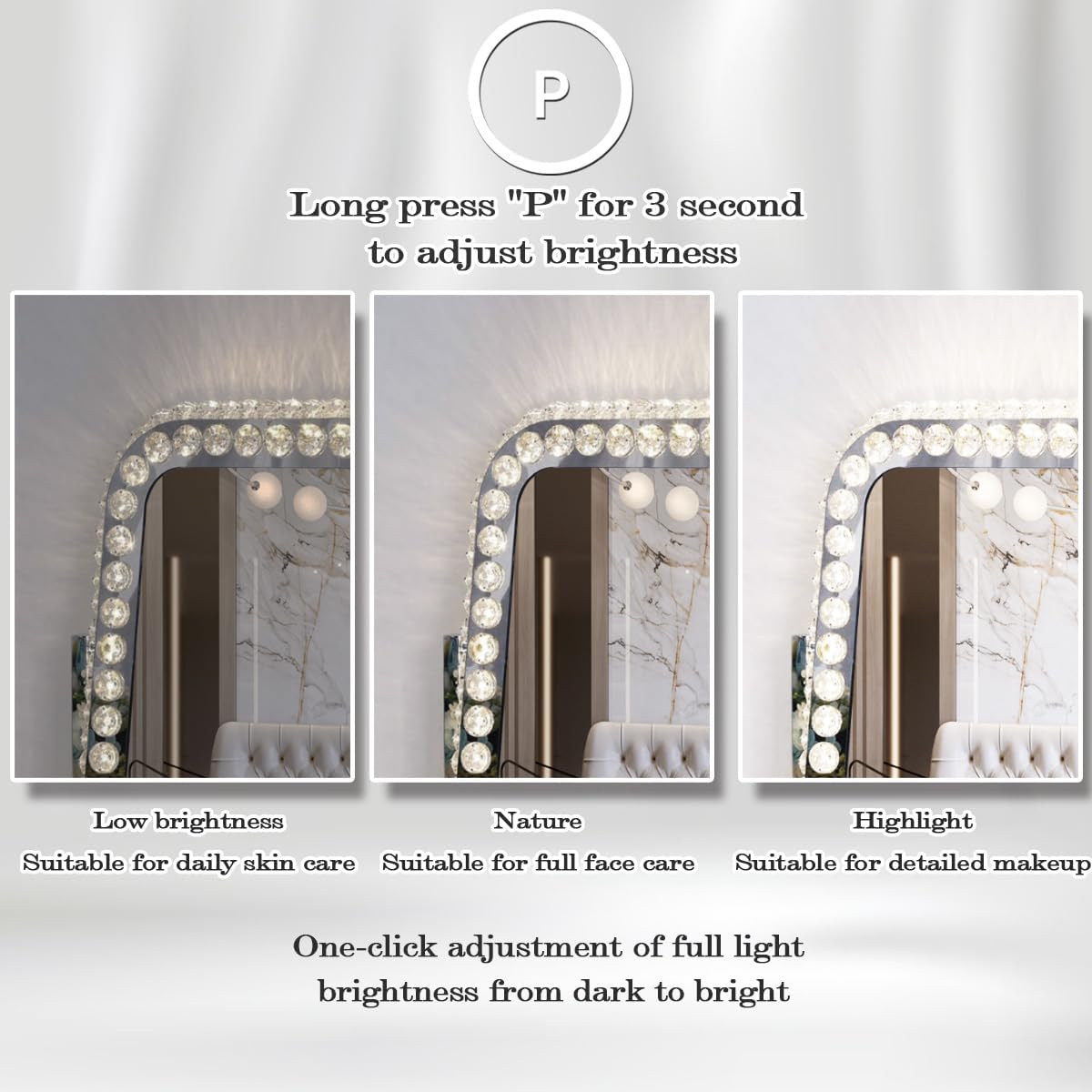 Hollywood Crystal Vanity Mirror with Lights 3 Color Adjustable Brightness Light 360° Rotation Large Crystal Lighted Vanity Mirror for Tabletop Desk Crystals LED Makeup Mirror with Lights