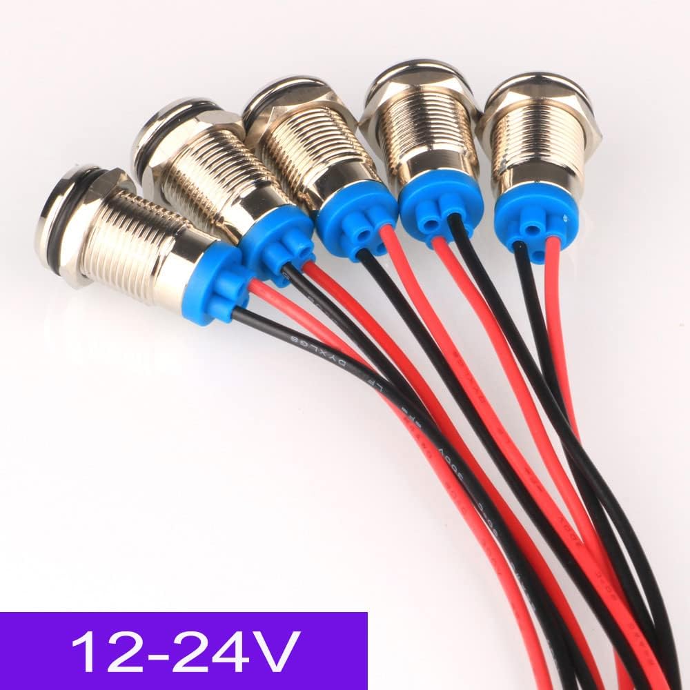 5pcs AC/DC 12-24V White 10mm Energy-Saving LED Metal Indicator Light Waterproof Signal Lamp with Wire