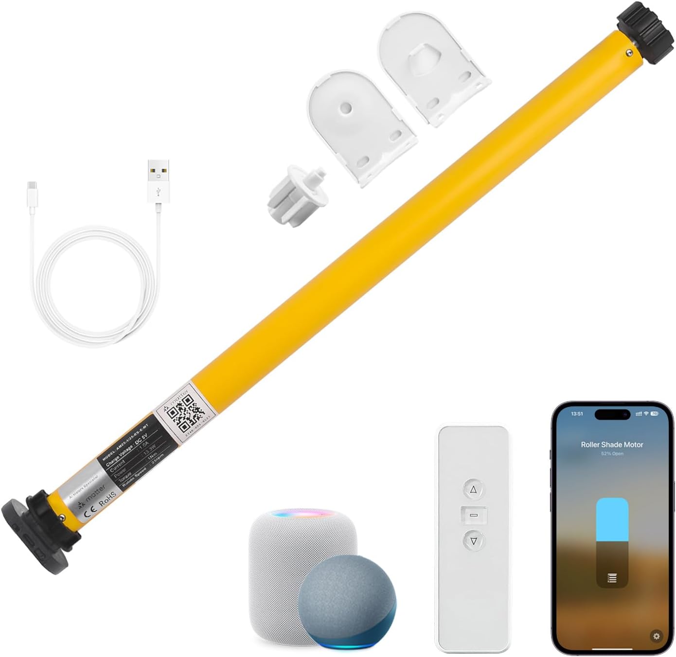 Matter Smart Blinds Motor Kit for 1.5" Shade Tube, Type C Rechargeable Roller Shade Motor, Work with Thread Low Power Consumption, Home Assistant, Alexa, HomeKit Motorized Blinds