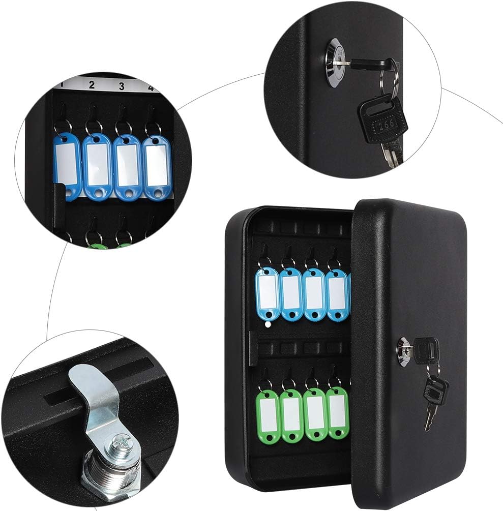Jssmst Lock Keyboxes Wall Mount Security Key Storage Box, Locking Key Cabinet Wall Mount with 24 Key Hooks & Tags Key Labels, 9.84 x 7.87 x 2.95 inches, Black Matt