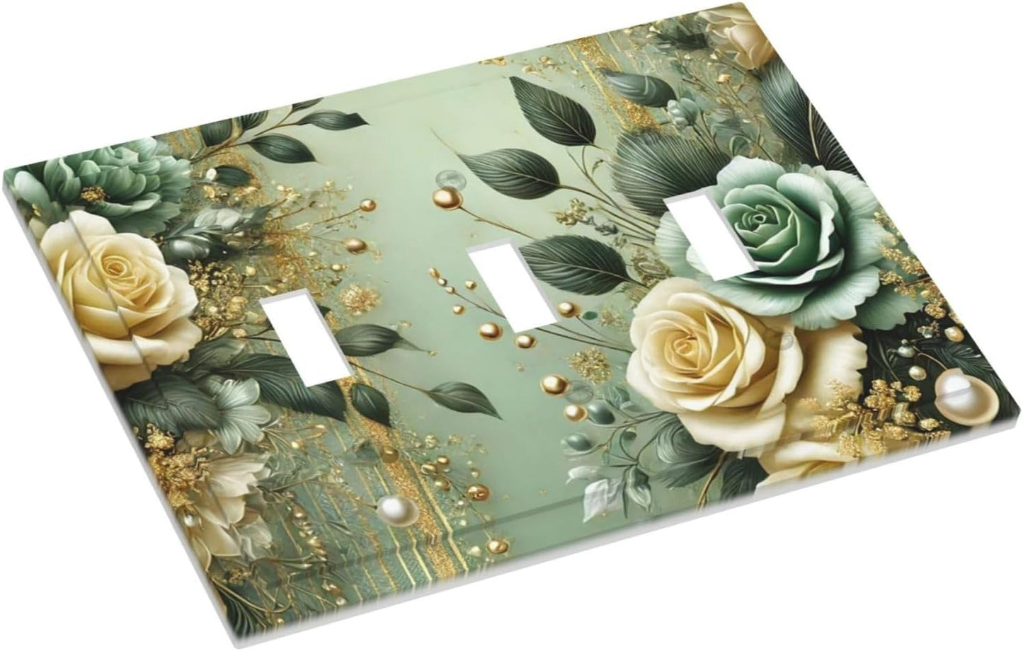 Decorative Light Switch Cover Plate Rustic Green Floral Leaves Teal Flowers Gold Stripe 3 Gang Wall Plate Oversized Triple Toggle Switch Cover Plate Jumbo Faceplate