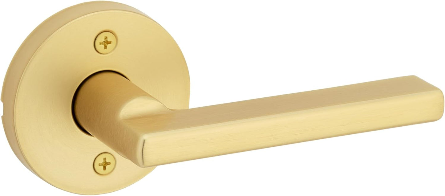 Kwikset Halifax Dummy Door Handle, Single Sided Lever for Closets, French Double Doors, and Pantry, Satin Brass Non-Turning Reversible Interior Push/Pull Lever, with Microban Protection