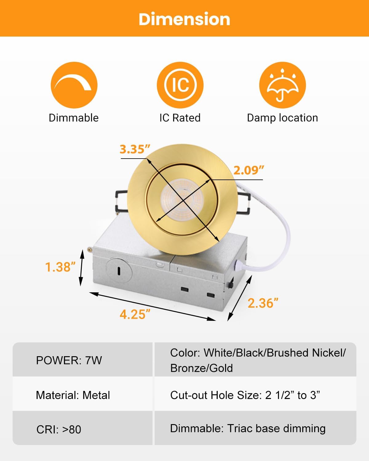 Gold Recessed Lighting Fixtures 3inch - 7W Canless CCT Selectable Gimbal Ceiling LED Recessed Lights,Dimmable Indoor Swivel Downlight for Accent Lighting,360° Adjustable 90° Tilt Spotlights 6Pack Gold