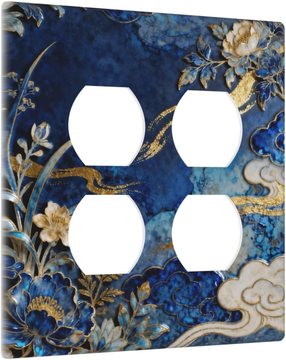 Decorative Outlet Covers Blue White Flower Gold Line Cloud 2 Gang Light Switch Cover Plate Double Duplex Wall Plates for Electrical Outlets Switch Plate Covers for Bedroom Home Decor