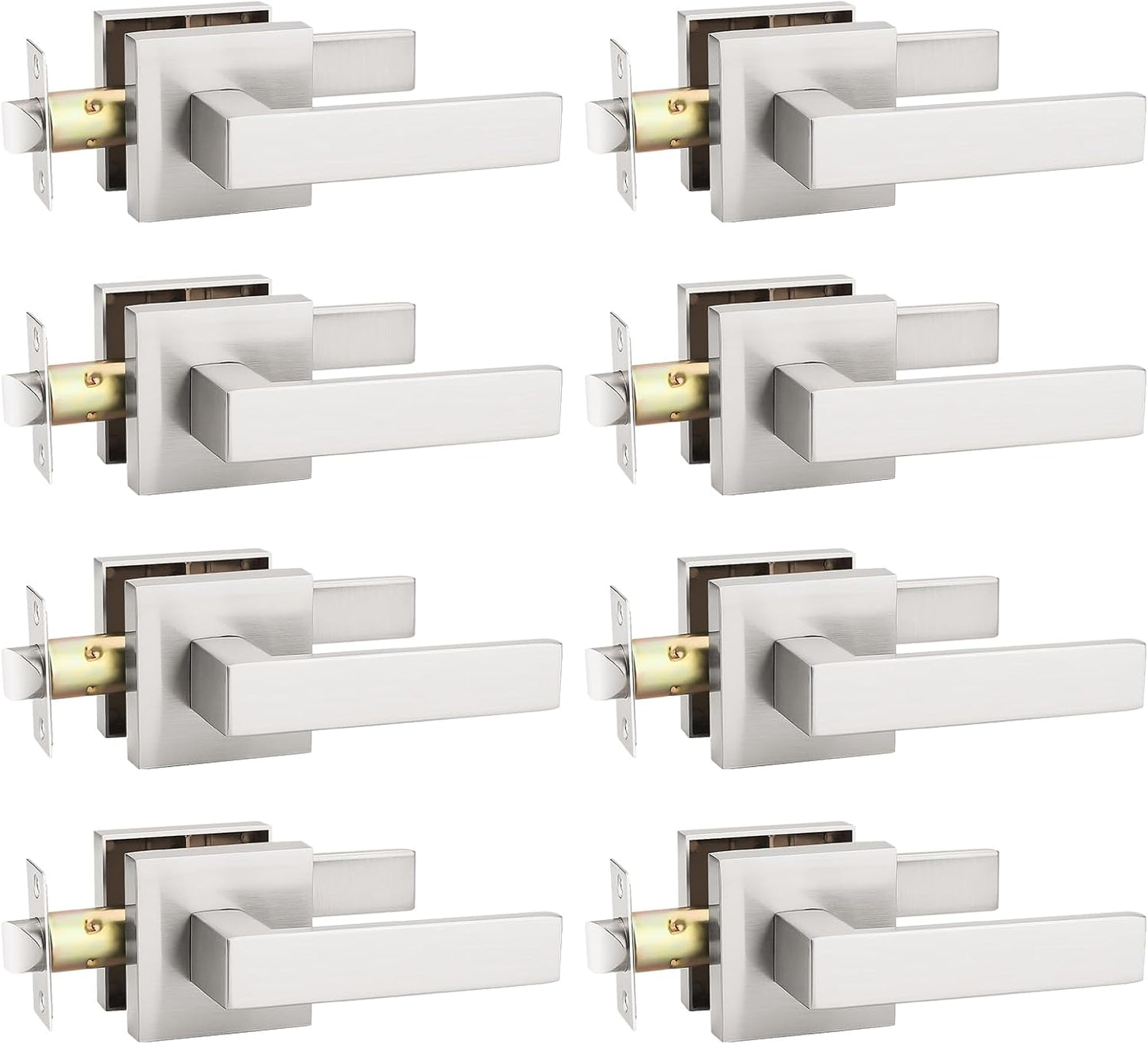 KNOBWELL 8 Pack Passage Door Knob Interior, Brushed Nickel Hallway Closet Door Handle Commercial Square Door Knob with Lever(No Lock)