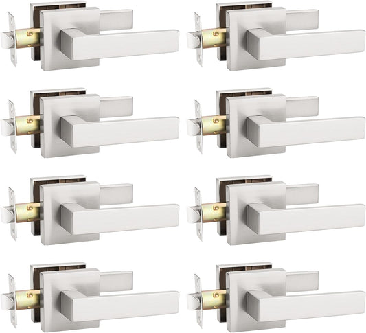 KNOBWELL 8 Pack Passage Door Knob Interior, Brushed Nickel Hallway Closet Door Handle Commercial Square Door Knob with Lever(No Lock)
