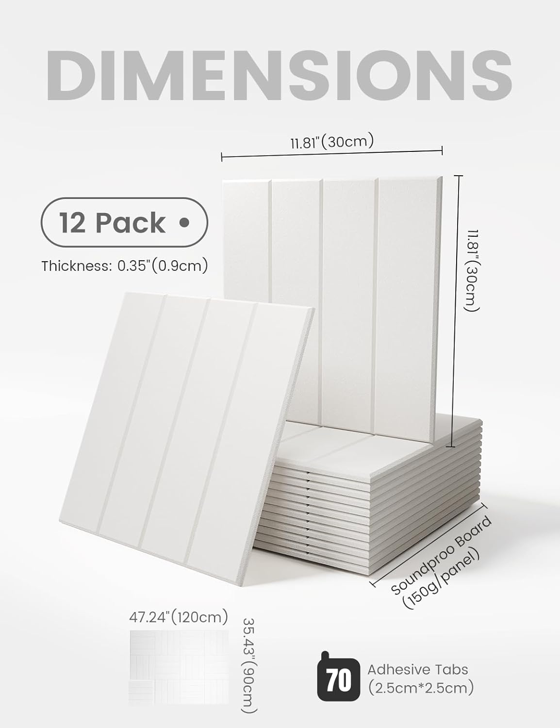 Felt Bulletin Board Tiles Large 48" x 36" Cork Board Alternative-12 Pack with 70 Adhesive Tabs, Thick Slat Wall Panels for Office Decor, Push Pin Board Wall Organizer Alternative-Milky White
