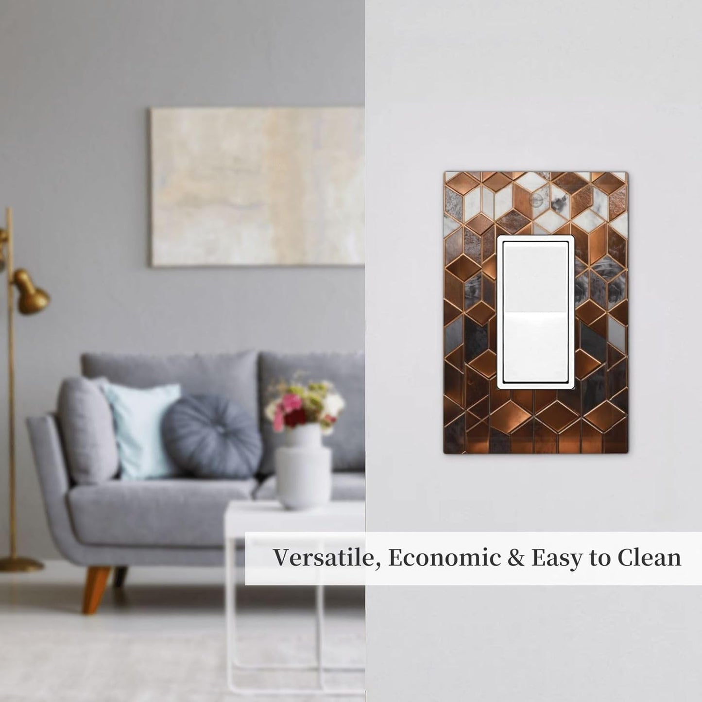 Brown Abstract Luxury Modern Geometric Cubic Marble 1 Gang Single Rocker Decorative Light Switch Covers Electrical Faceplate Switch Plates for Bathroom Kitchen Home
