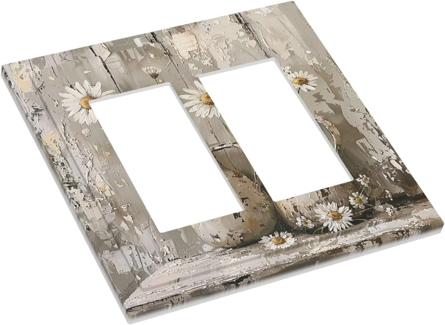 Decorative Outlet Covers Vintage Rustic Floral White Daisy Flower Oil Painting Style 2 Gang Double GFCI Rocker Electrical Wall Panels Light Switch Cover Plate for Home Farmhouse Decor