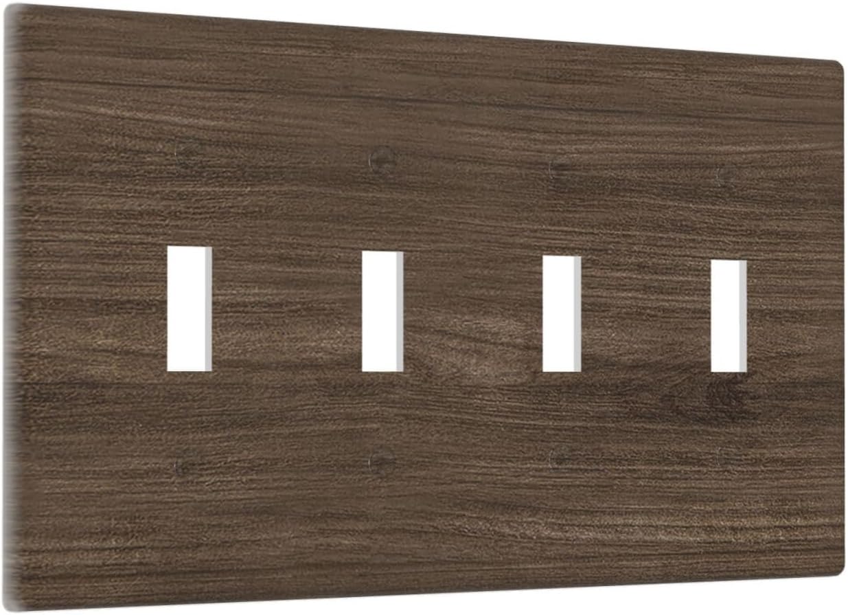 Light Switch Cover Plate Rustic Walnut Wood Grain 4 Gang Quad Toggle Wall Plate Electrical Outlet Cover Decorative Switch Plate Covers for Farmhouse Cabin Decor