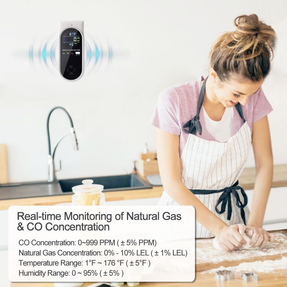 Plug in Combination Gas & Carbon Monoxide Detectors with Temperature and Humidity Display- Natural Gas Detectors & Carbon Monoxide Alarm for Home, Kitchen (2 Packs)