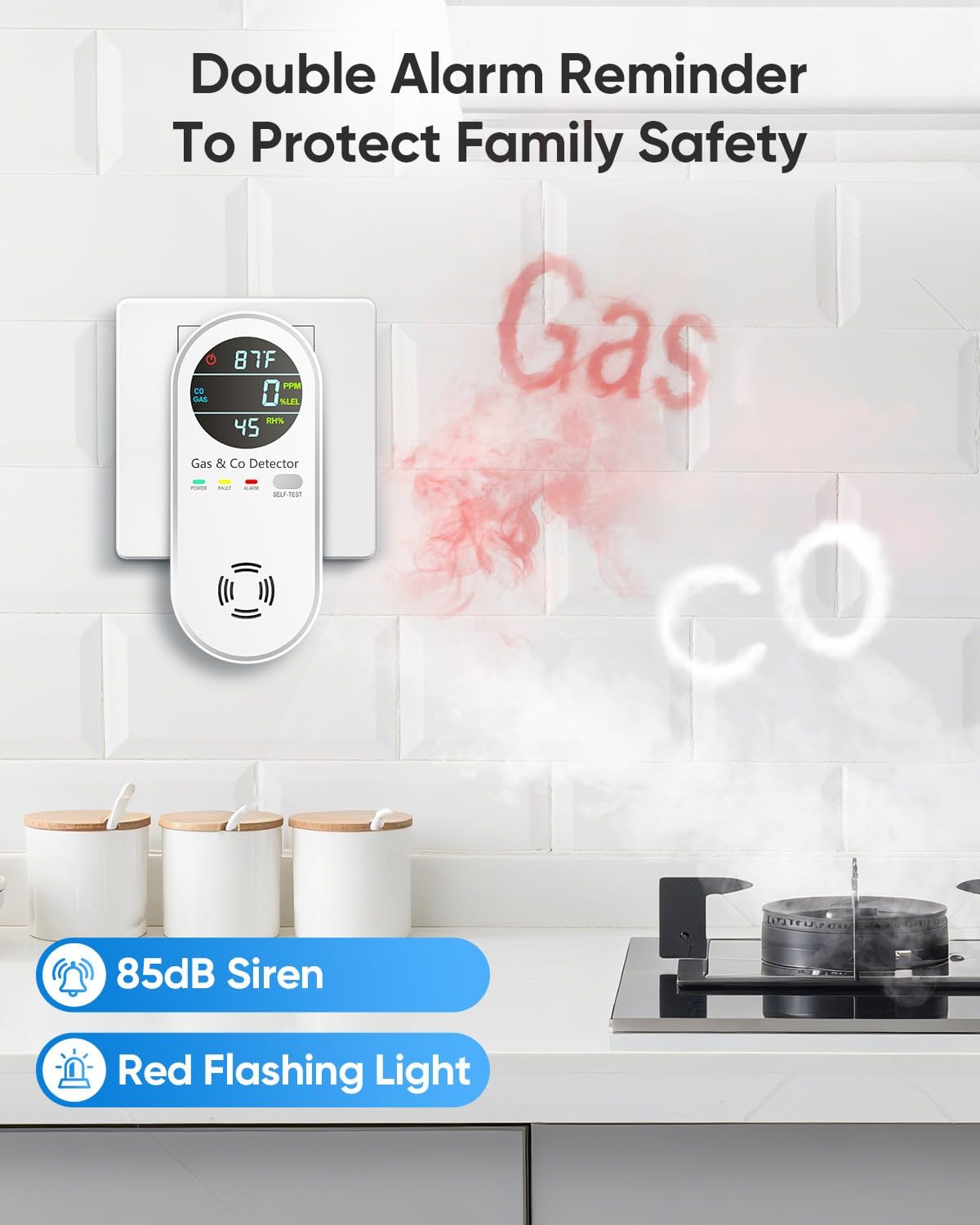 Carbon Monoxide Detectors & Natural Gas Detector, 4-in-1 Carbon Monoxide Detectors Plug in, Gas Leak Detector with Dual Alarms, Temperature & Humidity Sensor for Home, RV Essentials, White, 2 Pack