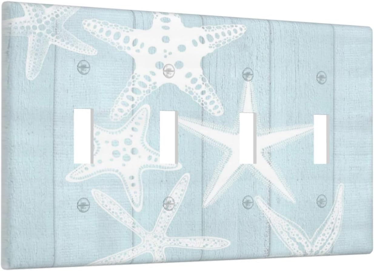 Beach Starfish Vintage Wood Rustic Country Ocean Light Switch Covers Quad Toggle Electrical Faceplate 4 Gang Wall Plate Decorative Switch Plates Cover for Farmhouse Kids Room Decor