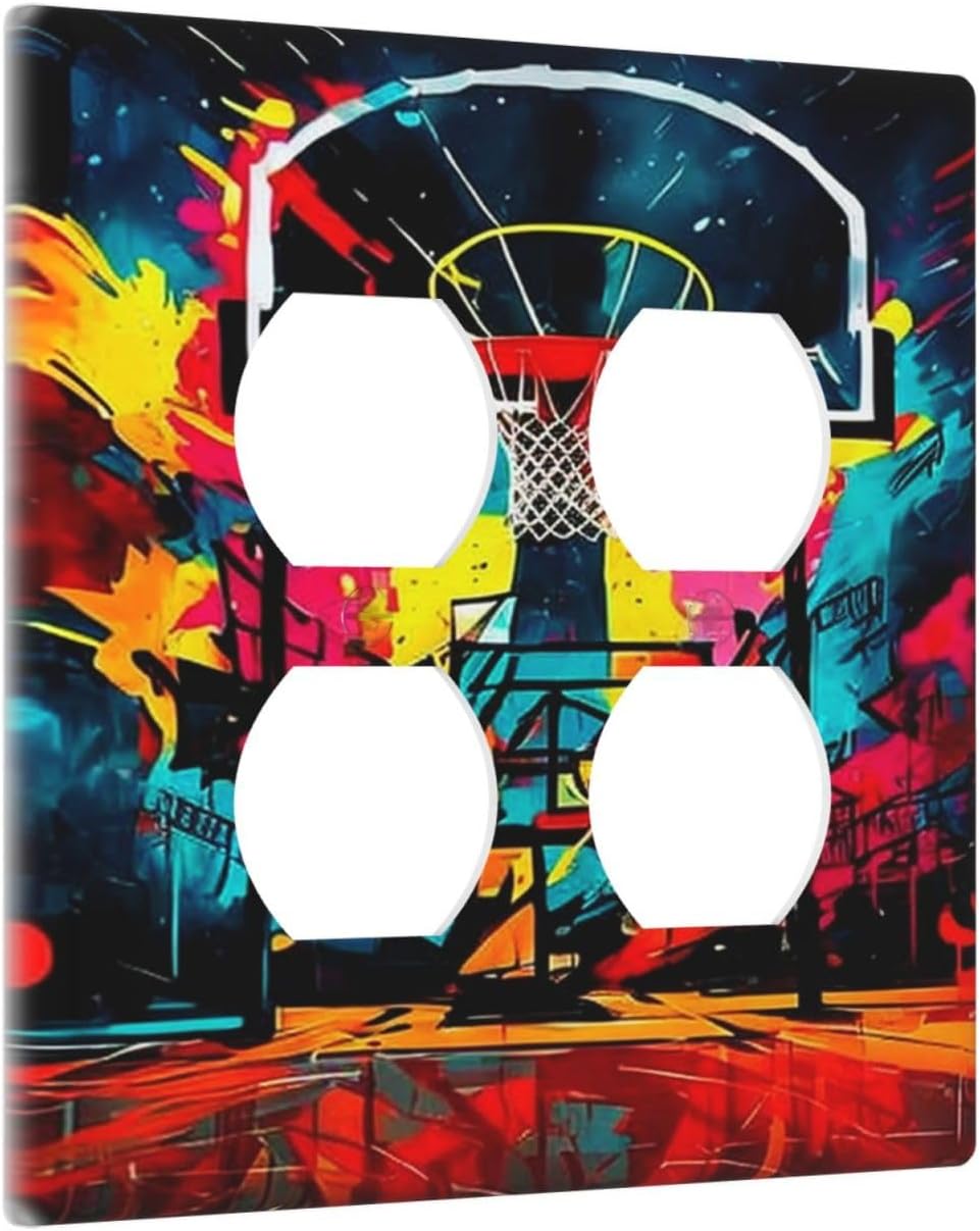 Decorative Outlet Covers Scrawl Colorful Basketball Graffiti Hoop 2 Gang Wall Plate Cover Double Duplex Receptacle Two Switch Light Switch Cover Plate Dual Faceplate for Home Decor