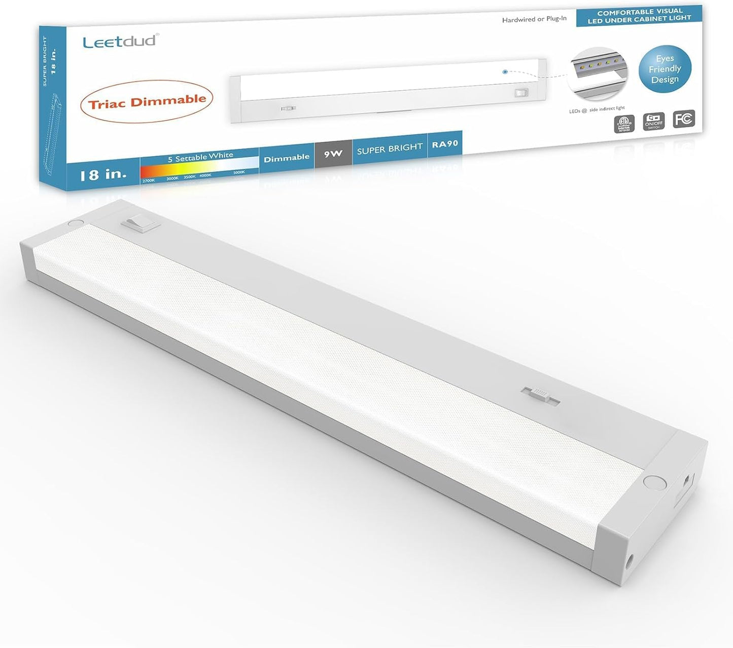 LED Under Cabinet Lighting Hardwired or Plug in, 18 Inch 9W, Dimmable 5 Color 2700K/3000K/3500K/4000K/5000K, Linkable Eyes Care Design Counter Lights for Kitchen, Sink, ETL Listed, White