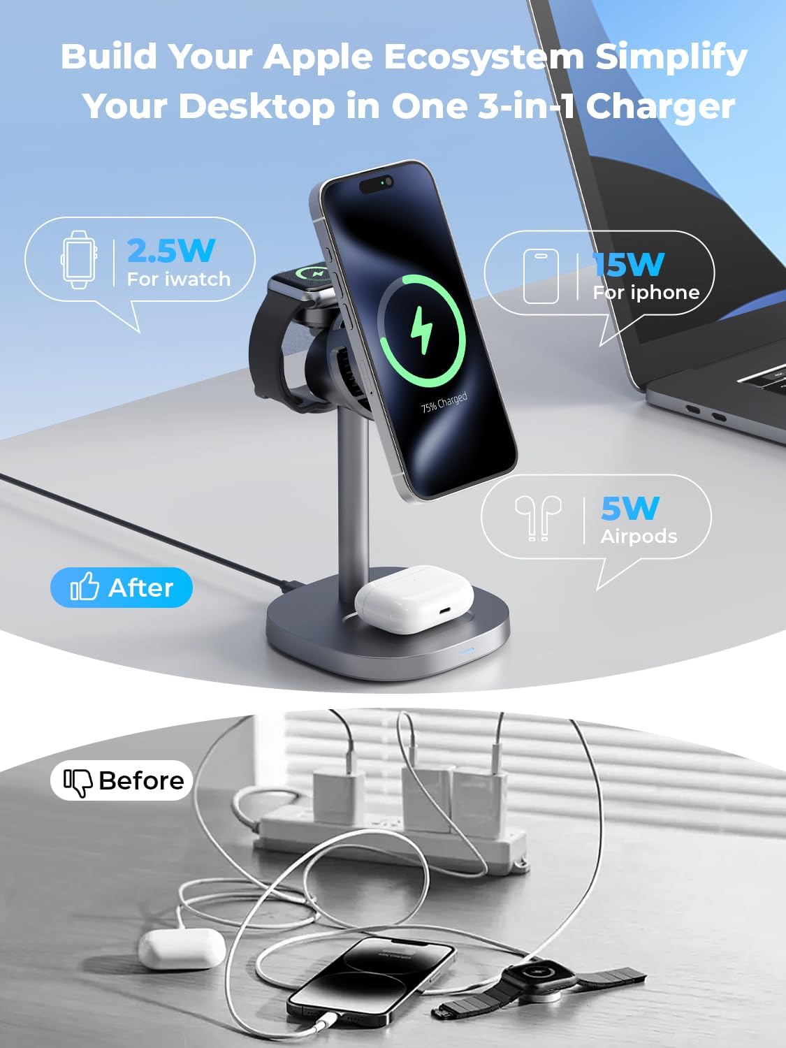 havit 3 in 1 Wireless Charging Station, Qi2 15W Cooling Magnetic Charging Stand, MagSafe Fast Wireless Charger for iPhone 17/16/15/14 Series, Apple Watch, AirPods, 45W Adapter Included