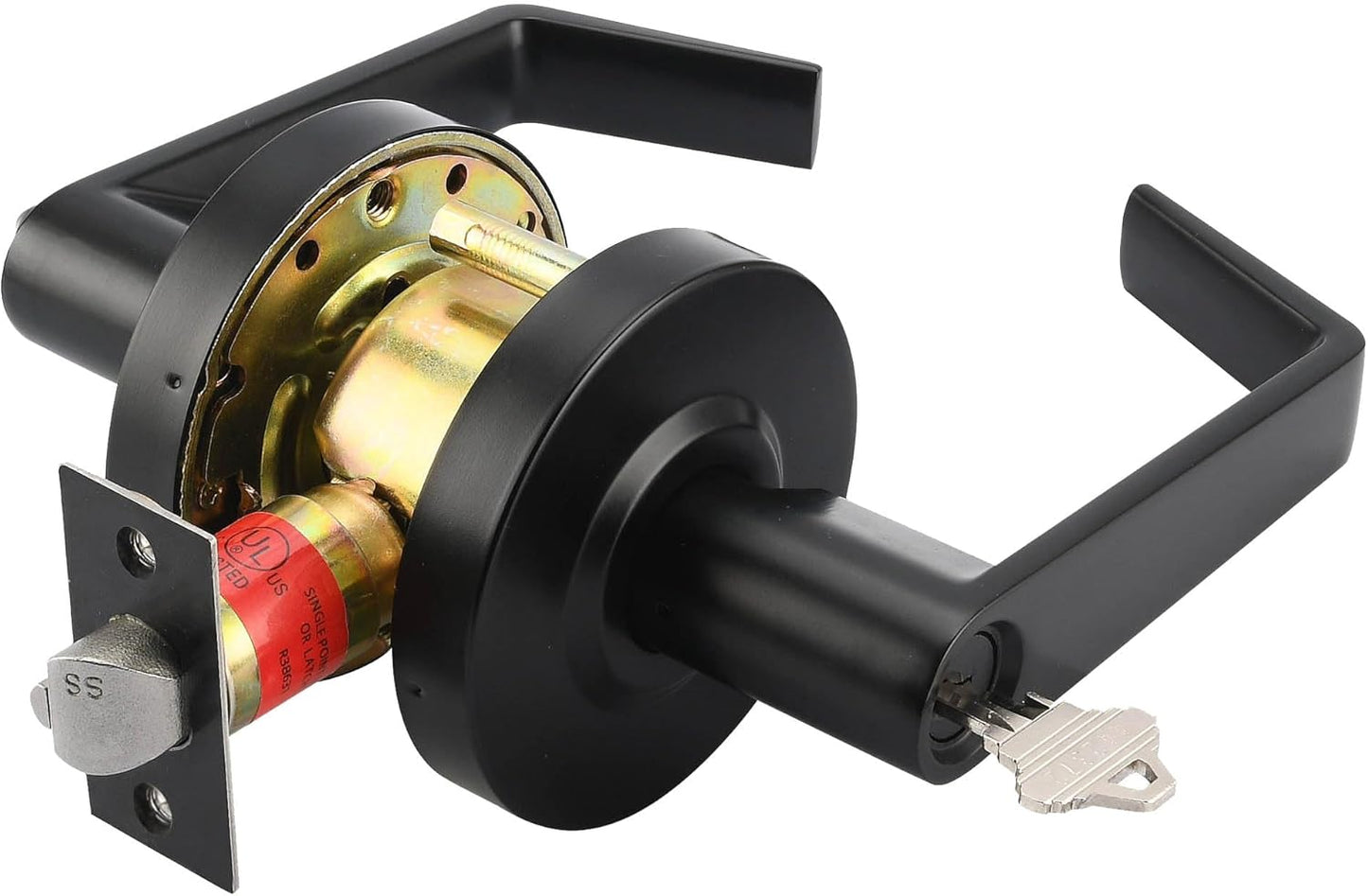 LYNN HARDWARE Commercial Door Lever Lock - Heavy-Duty Locking Door Handle, Designer Door Handles, Cylindrical Lever Lock, Non-Handed Grade 2 Door Handle, Matte Black, Entrance/Keylock