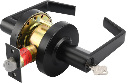 LYNN HARDWARE Commercial Door Lever Lock - Heavy-Duty Locking Door Handle, Designer Door Handles, Cylindrical Lever Lock, Non-Handed Grade 2 Door Handle, Matte Black, Storeroom Function