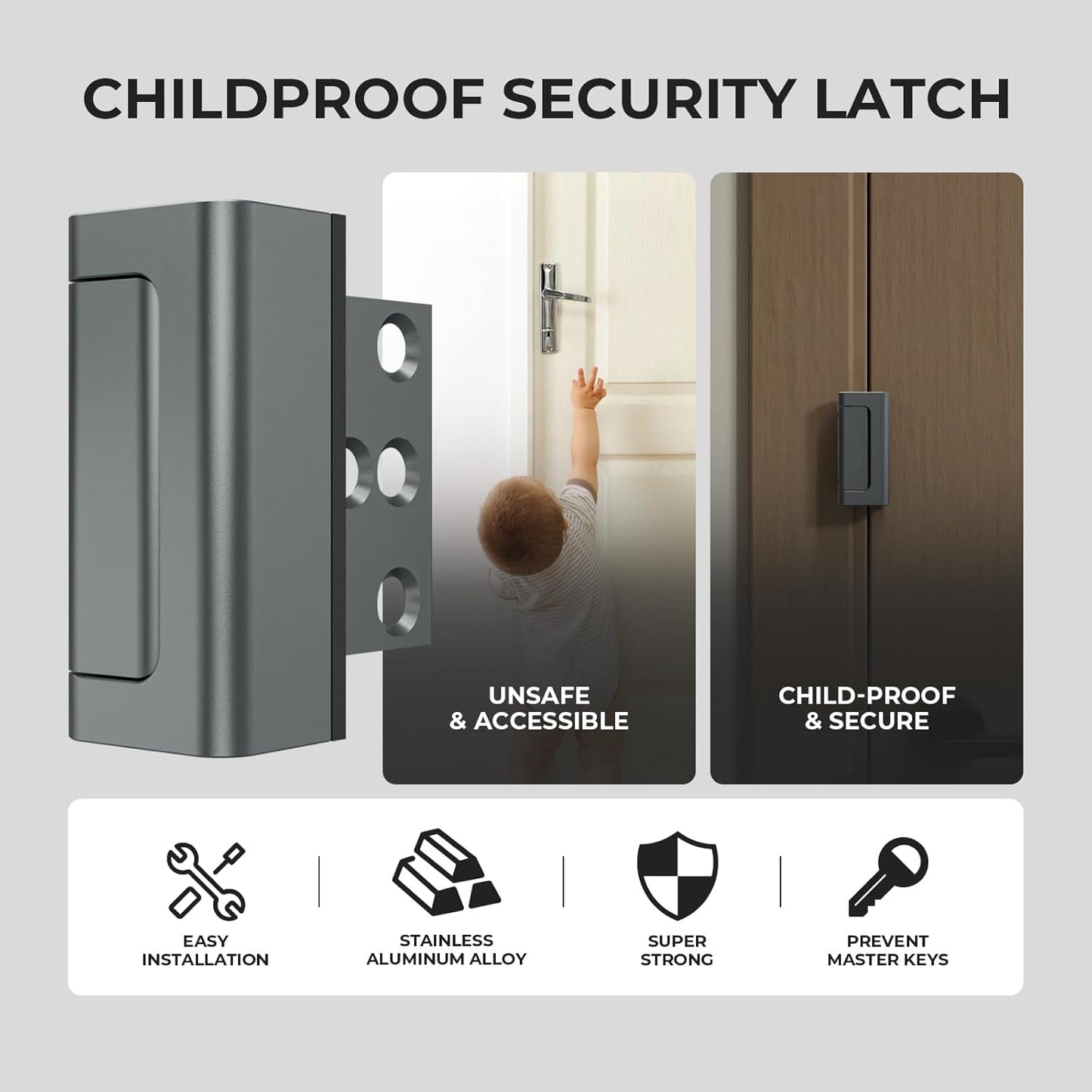 2Pack Home Security Door Reinforcement Lock Childproof, Door Locks for Kids Safety, Door Lock Latch Stopper for Front Door Inside Top of Door, Aluminum Construction Finish