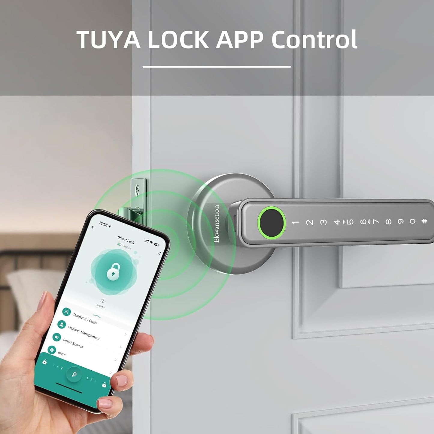 Fingerprint Door Lock Smart Door Lock with Keypad Keyless Entry Door Lock with Handle for Home Hotel Office Apartment Bedroom with Alexa (Silver app Unlock) Ekwansetion