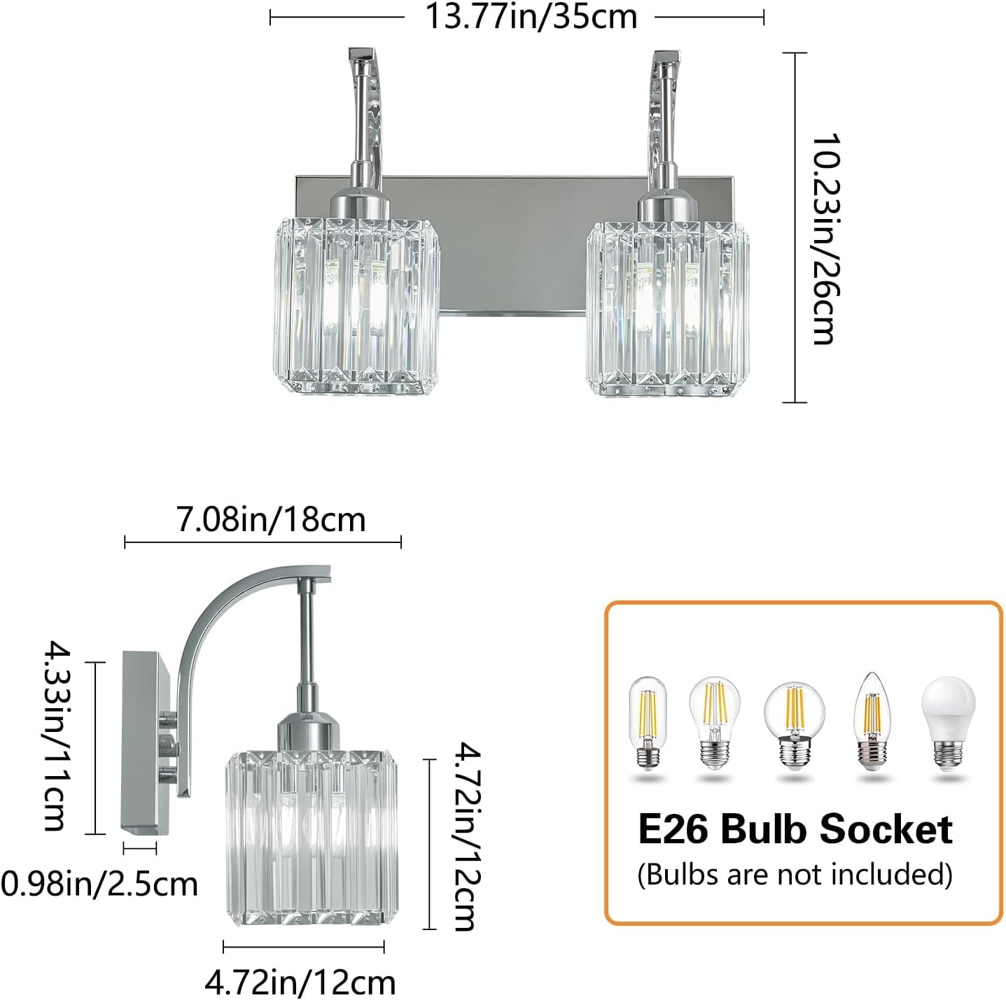 Crystal Vanity Lights 2-Light Chrome Wall Lamp Modern Crystal Bathroom Light Fixtures Over Mirror 13.77" Long Bathroom Wall Sconce