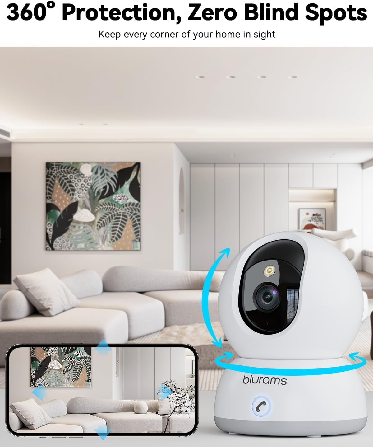 blurams Cameras for Home Security, 2K Pet Camera with Phone App, 360° PTZ Indoor Cameras, 2-Way Talk, Motion Tracking, Color/IR Night Vision, Compatible with Alexa, 8MP, Wi-Fi 6