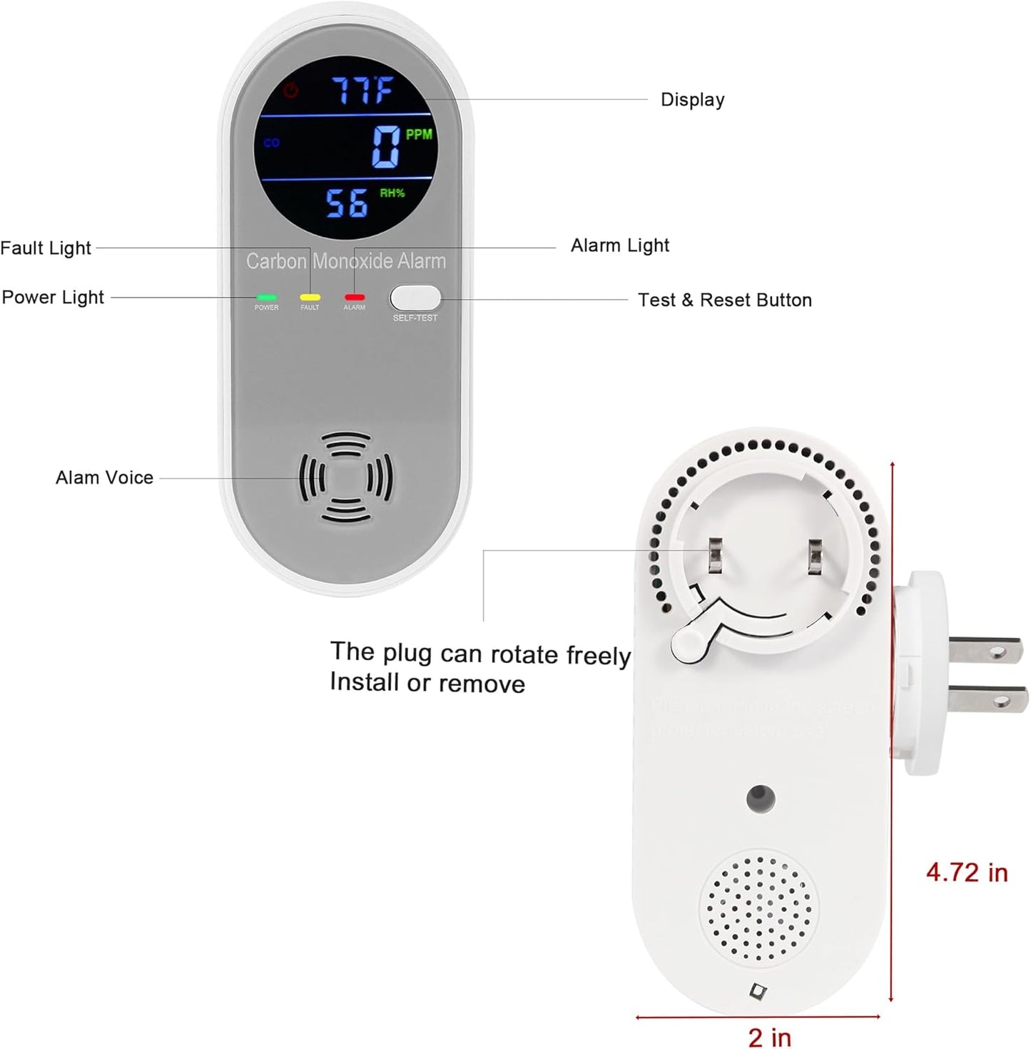 Plug in Carbon Monoxide Detector, Carbon Monoxide Alarm, 3-in-1 Real-time Digital Display CO Level, Fahrenheit(°F) & Humidity, Co Detector Monitor for Home,RV,Apartment
